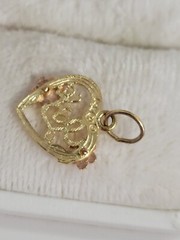 Vtg OR signed 14K Yellow Gold HEART Love Pink Flowers Charm / pendant Estate