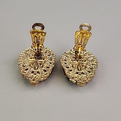 Vintage Flower Clip On Earrings Glass Transferware Germany Gold Tone Filigree