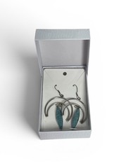 Vintage Alpaca Mexico Modernist Double Crescent Turquoise Inlay Dangle Earrings