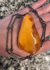 Vintage Large Egg Yolk Baltic Amber Pendant Necklace Sterling Silver Chain