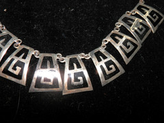 Mexico Alpaca Silver Greek Key Bib Necklace • Choker Bar Link Chain 19″ Enamel