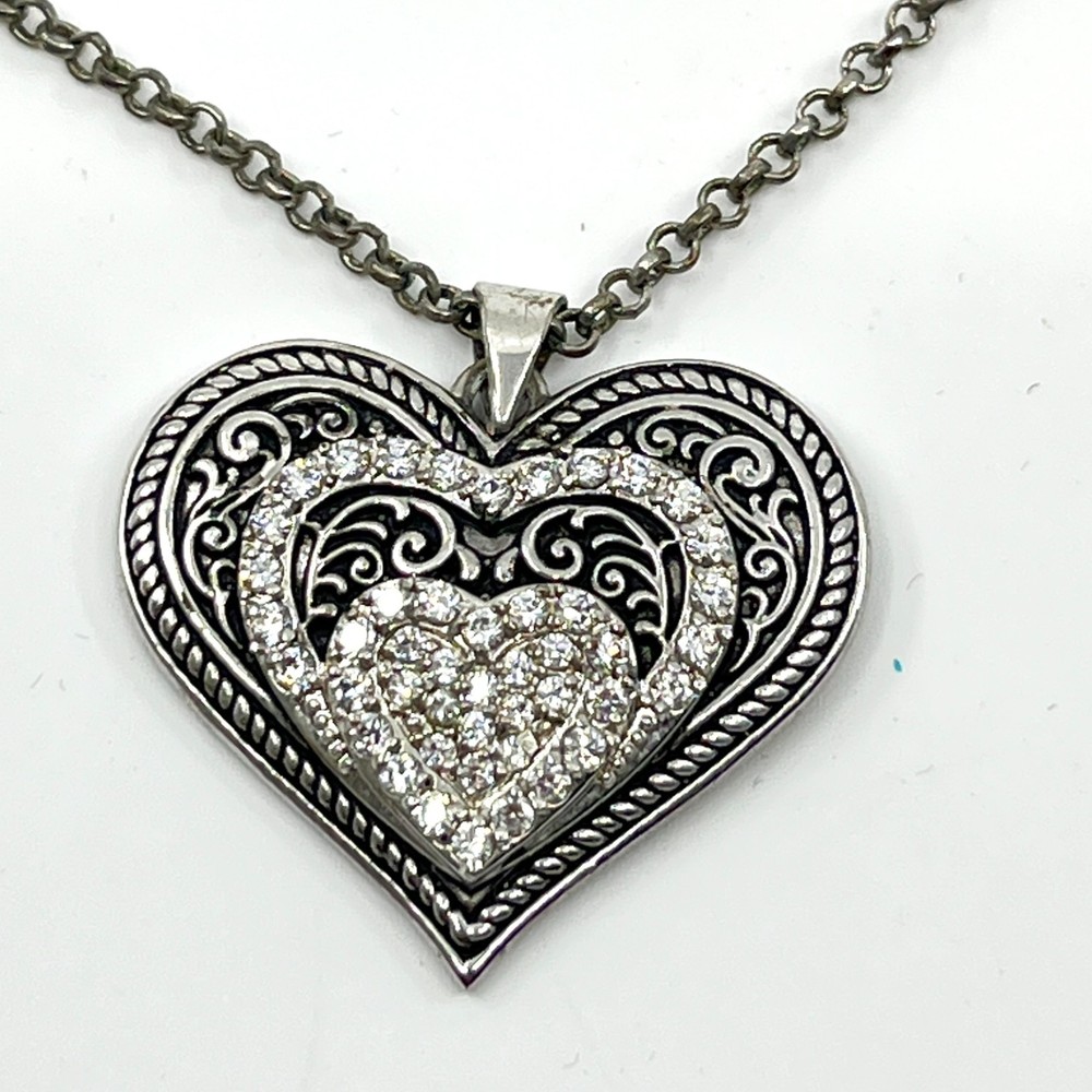 Vintage Silver Tone Filigree Triple Heart Pendant Necklace Clear Rhinestone Y2K