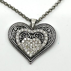 Vintage Silver Tone Filigree Triple Heart Pendant Necklace Clear Rhinestone Y2K