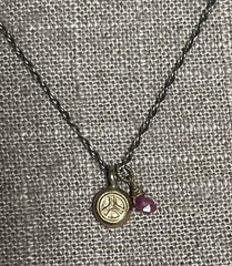 Sterling Silver Tiny Peace Sign Pendant Necklace with Pink Gemstone Dangle 18”