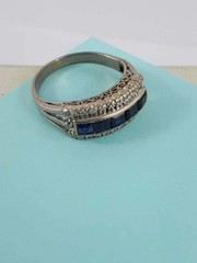 Art Deco Style Blue Sapphire Lab Created Diamond 14K White Gold Birthday FN Ring