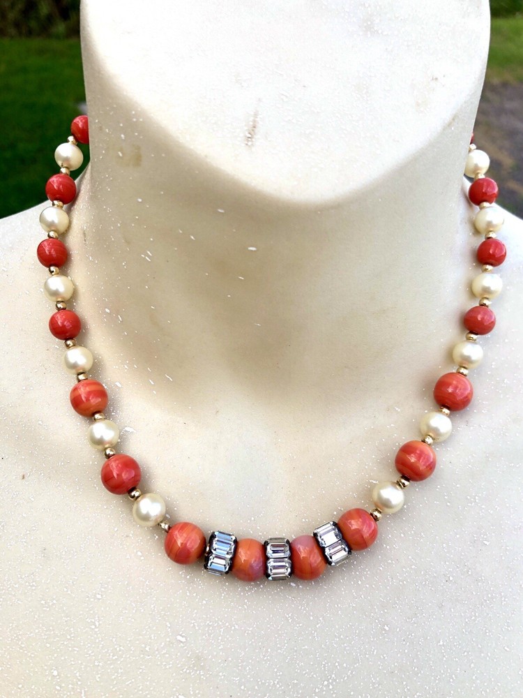 Estate 14K Gold Bead, Coral Glass, And Glass Pearl Beaded Necklace