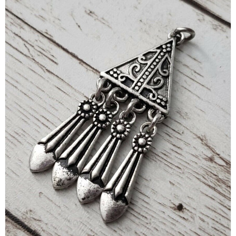 Vintage Pendant Ornate Silver Tone Triangle with Dangles