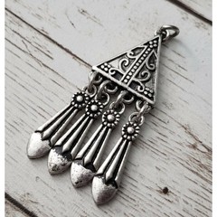 Vintage Pendant Ornate Silver Tone Triangle with Dangles