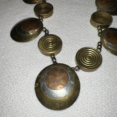 VTG Modernist Mixed Metal Necklace Brass Copper Disc Statement MCM 21”
