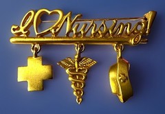 I Love Nursing Vintage Gold-tone Pin Brooch w/3 Dangle Charms JJ Jonette VGC