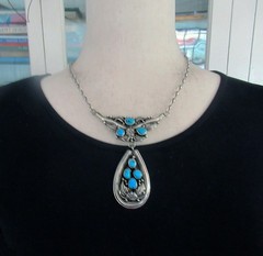 BIG CAROL FELLEY SOUTHWEST STERLING NECKLACE, 48 GRAMS, 3 1/8 x 3 INCHES PENDANT