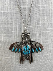 Vintage Thunderbird Eagle Necklace Southwestern Silver Tone Pendant 23”