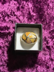 925 Sterling Silver Vintage Ring Yellow Mother Of Pearl Mosaic Inlay Dome