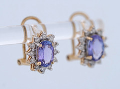 14K Yellow Gold Oval Tanzanite & Diamond Omega back Earrings, 3.3 grams