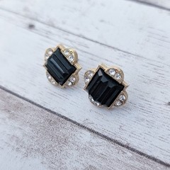 Vintage Earrings for Pierced Ears Dainty Black, Clear Gem, Gold Tone
