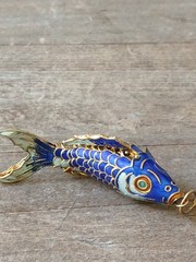 Vintage Enamel Articulated Fish Large Pendant Charm Blue & Silver Gold Tone 3″