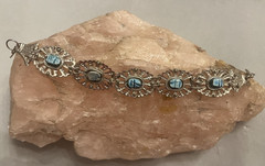 Vintage Egyptian Revival Turquoise Scarab Silver Filigree Bracelet/Earrings Set
