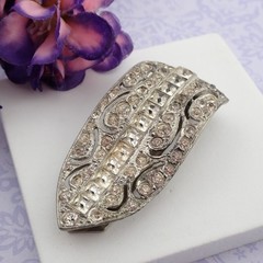 Vintage Art Deco Clear Rhinestone Paste Pot Metal Fur Clip Pin Brooch