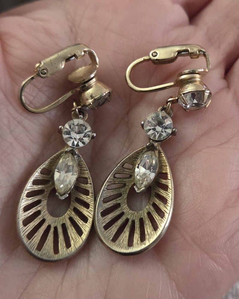 Vintage Textured Goldtone & Glass Rhinestone Dangle Drop Clip On Earrings Signed