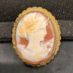 Oval Cameo Portrait Brooch Pin, Scalloped Gold-Tone Frame, White & Brown – Read