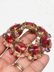 Vtg JULIANA Pink Cabochon Glass Rhinestones Earrings Flower Brooch Pin Set As Is