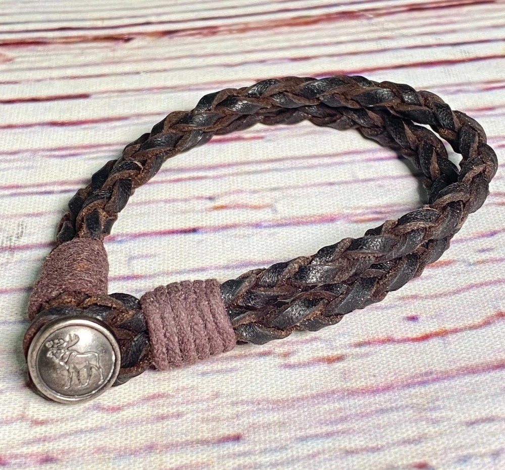 Vintage Abercrombie & Fitch Braided Brown Leather Moose Button Y2K Bracelet