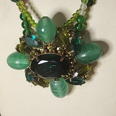 Vintage OOAK Green Cat’s Eye Glass Beaded Necklace Rhinestone Brooch Statement