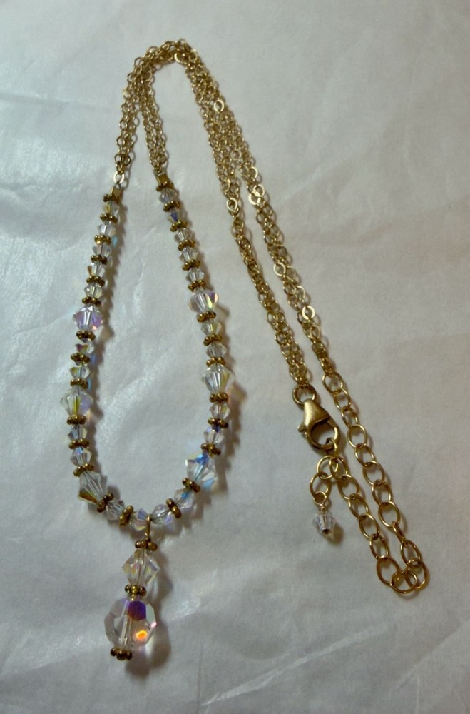 Vtg Aurora Borealis Crystal Bead Necklace with Gold-Filled Chain 18″