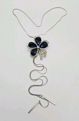 Blue Crystal Flower Necklace Bolo Tie Silver tone snake Chain 36 in STUNNING