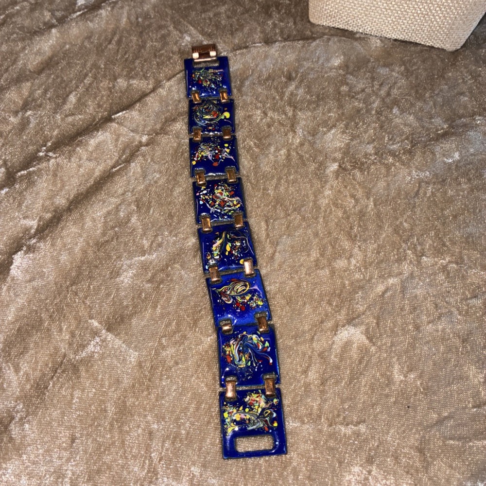 Vintage Enamel on Copper Blue Multi Color Mid Century 8 Inch