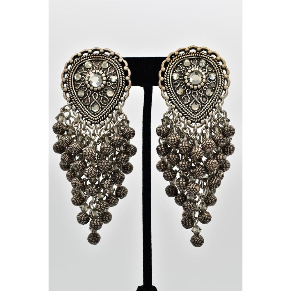 Vintage Statement Crystal Beaded Fringe Clip On Earrings Dangle Waterfall BinBB