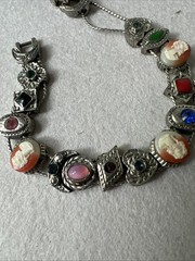 VTG Victorian Revival Slide Bracelet, Silver Tone – Rhinestone, Glass, Cameo 7”