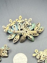Vintage Floral Purple And Clear Rhinestone Brooch Pin And Clip On Earrings Set