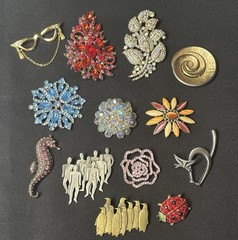 Lot/13 Vintage 50s 60s 70s 80s Some Rhinestone Mixed Material Brooch Pin VIDEO
