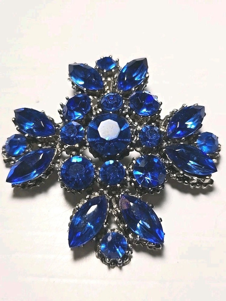 Vintage Signed WEISS Sapphire Blue Rhinestone Maltese Cross Brooch Pin 1960s