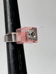 Vintage Lucite Ring Size 7.75 Coral Peach Rhinestone Modern Chunky Cubism Unisex