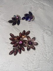 Purple Lavender Prong &cup Set Navette Rhinestone Brooch&ears 3”x3” & 1”x1.25”