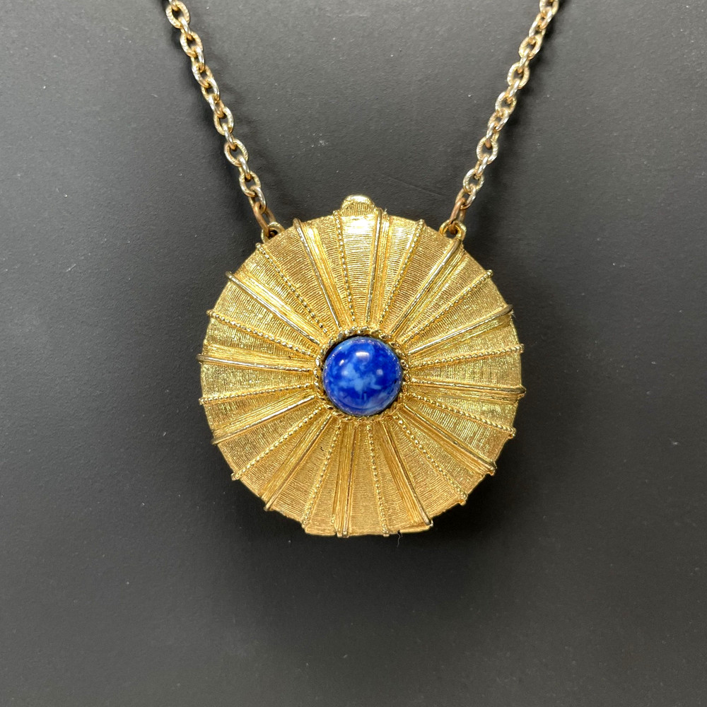 Vintage ESTEE LAUDER Signed Perfume Locket w/LAPIS LAZULI Blue Glass Stone 24″