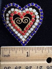 Vintage Patriotic USA Triple Heart Brooch Red White Blue Rhinestones Pin