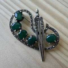 VTG Brooch Pin 2 Inch Jadeite Marcasite Palette Brushes 925 Sterling 11.3g Rare