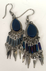 Vintage Peruvian Alpaca Metal Necklace & Pierced Earring Set Dangles Blue Stone