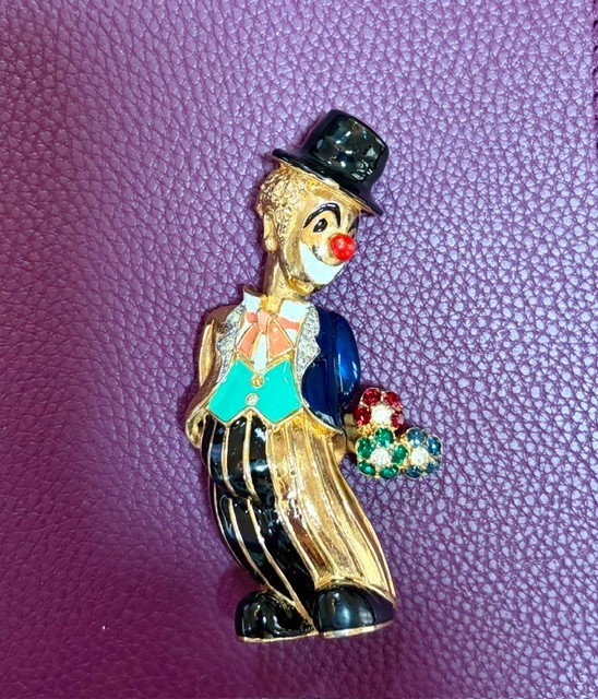 Vintage Jomaz Clown Brooch W/ Colorful Enamel & Rhinestones 3” Tall