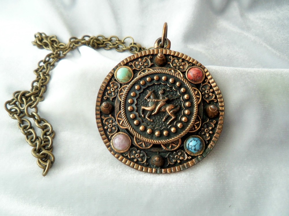 Vintage Copper Brass Faux Gemstone Knight Crest Shield Brooch Pendant Necklace