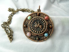 Vintage Copper Brass Faux Gemstone Knight Crest Shield Brooch Pendant Necklace