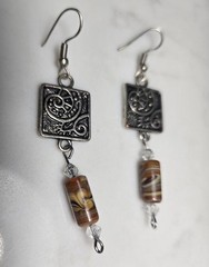 Vintage Rustic Etched Metal and Bead Dangle Earrings
