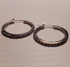 14K White Gold on Solid Sterling Silver 27mm Hoop Earrings Cubic Zirconia Stones