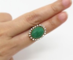 NYJEWEL 18k Two Tone Gold Jade & 20 Diamonds Halo Ring