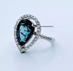 Large London Blue Pear Shape 4.00CT Topaz With Round Clear CZ Engagement Ring