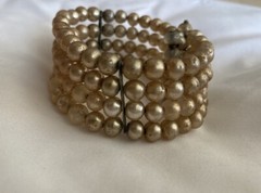 Vintage Faux Pearl Wrap Bracelet Spring Wire Cuff Beaded Fits All Champagne