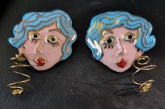 One of a Kind Quirky Porcelain Enamel Earrings of a Artistic Woman’s Face 1 3/4″